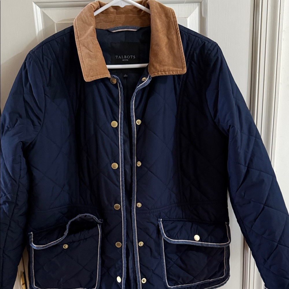 Talbots Navy Quilted Jacket with Tan Corduroy Collar